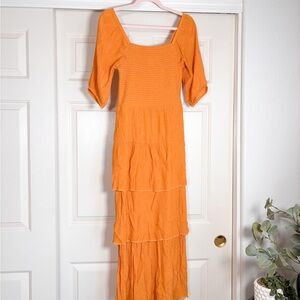 KINGS ROAD Mustard Orange 🍊 Maxi Dress Square Neck Tiered Layers